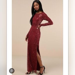 Lulu's shear facination Burgundy Sequin Maxi Dress